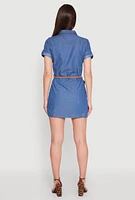 Womens Chambray Belted Half Button Mini Dress, Blue, Size S