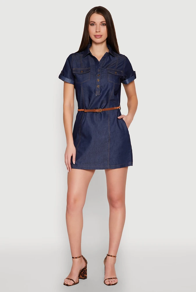Womens Chambray Belted Half Button Mini Dress, Blue,