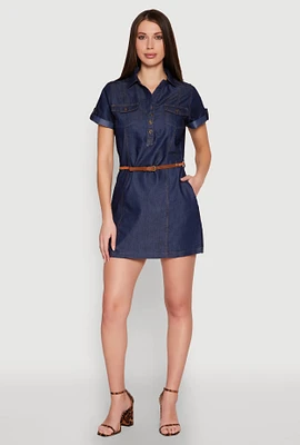 Womens Chambray Belted Half Button Mini Dress, Blue,