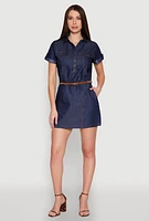 Womens Chambray Belted Half Button Mini Dress, Blue,