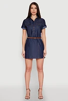 Womens Chambray Belted Half Button Mini Dress, Blue,