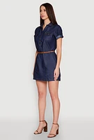 Womens Chambray Belted Half Button Mini Dress, Blue,