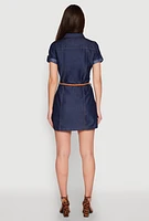 Womens Chambray Belted Half Button Mini Dress, Blue,