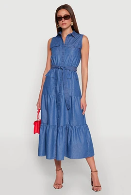 Womens Chambray Sleeveless Tiered Shirt Dress, Blue, Size M