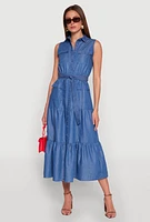 Womens Chambray Sleeveless Tiered Shirt Dress, Blue, Size M