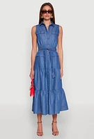 Womens Chambray Sleeveless Tiered Shirt Dress, Blue, Size S