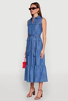 Womens Chambray Sleeveless Tiered Shirt Dress, Blue, Size M