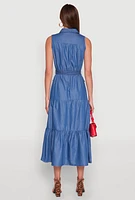 Womens Chambray Sleeveless Tiered Shirt Dress, Blue, Size M