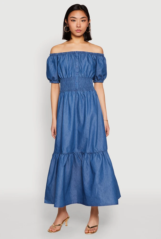 Womens Chambray Smocked Off The Shoulder Maxi Dress, Blue,