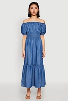 Womens Chambray Smocked Off The Shoulder Maxi Dress, Blue,