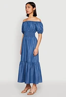 Womens Chambray Smocked Off The Shoulder Maxi Dress, Blue,