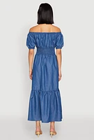 Womens Chambray Smocked Off The Shoulder Maxi Dress, Blue,