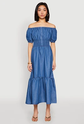 Womens Chambray Smocked Off The Shoulder Maxi Dress, Blue, Size L