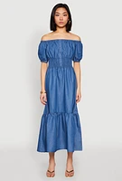 Womens Chambray Smocked Off The Shoulder Maxi Dress, Blue, Size L