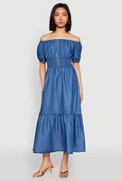 Womens Chambray Smocked Off The Shoulder Maxi Dress, Blue, Size L