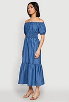 Womens Chambray Smocked Off The Shoulder Maxi Dress, Blue, Size L