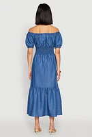 Womens Chambray Smocked Off The Shoulder Maxi Dress, Blue, Size L