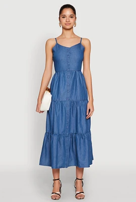 Womens Chambray Sleeveless Button Front Tiered Dress, Blue, Size L