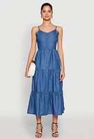 Womens Chambray Sleeveless Button Front Tiered Dress, Blue, Size M