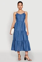 Womens Chambray Sleeveless Button Front Tiered Dress, Blue, Size M