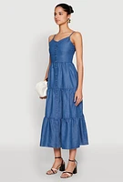 Womens Chambray Sleeveless Button Front Tiered Dress, Blue, Size M