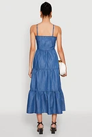 Womens Chambray Sleeveless Button Front Tiered Dress, Blue, Size M