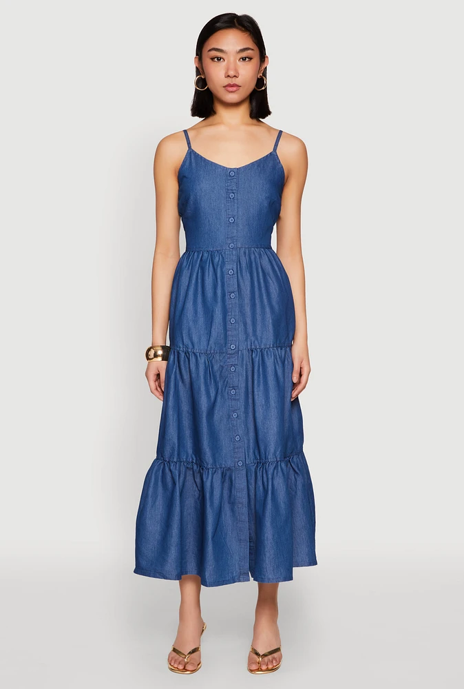 Womens Chambray Sleeveless Button Front Tiered Dress, Blue, Size S