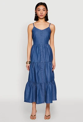Womens Chambray Sleeveless Button Front Tiered Dress, Blue, Size S