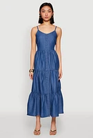 Womens Chambray Sleeveless Button Front Tiered Dress, Blue, Size S