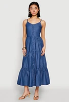Womens Chambray Sleeveless Button Front Tiered Dress, Blue, Size S