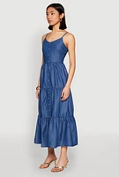 Womens Chambray Sleeveless Button Front Tiered Dress, Blue, Size S