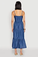 Womens Chambray Sleeveless Button Front Tiered Dress, Blue, Size S