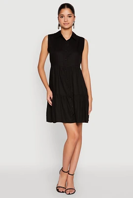 Womens Sleeveless Button Front Tiered Dress,