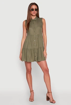 Womens Sleeveless Button Front Tiered Dress,
