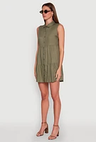 Womens Sleeveless Button Front Tiered Dress, Green, Size L