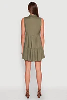 Womens Sleeveless Button Front Tiered Dress, Green, Size L