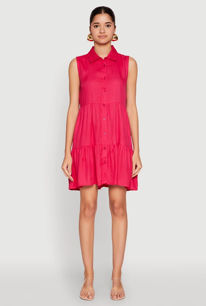 Womens Sleeveless Button Front Tiered Dress, Pink, Size L