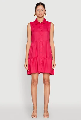 Womens Sleeveless Button Front Tiered Dress, Pink, Size L