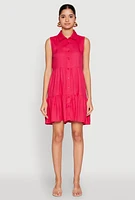Womens Sleeveless Button Front Tiered Dress, Pink, Size L