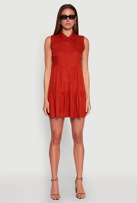Womens Sleeveless Button Front Tiered Dress, Orange,