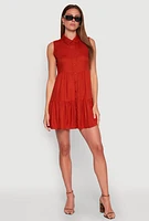 Womens Sleeveless Button Front Tiered Dress, Orange,