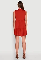 Womens Sleeveless Button Front Tiered Dress, Orange,