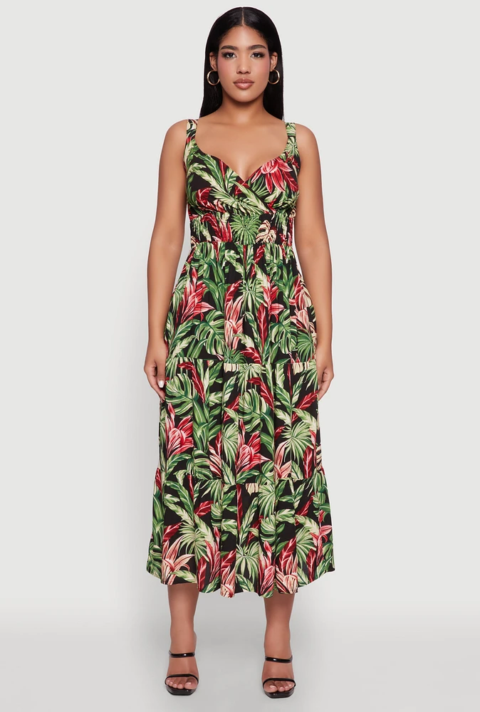 Womens Tropical Leaf Print Empire Waist Sundress, Multi, Size XL