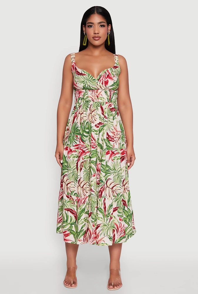 Womens Tropical Leaf Print Empire Waist Sundress, Multi, Size M