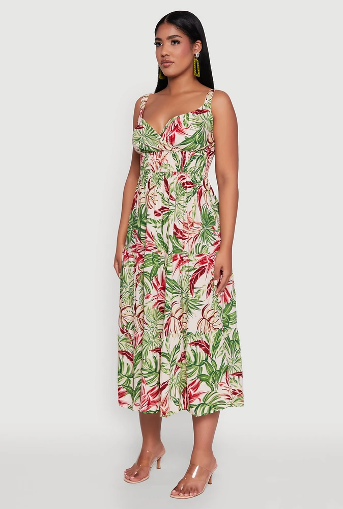 Womens Tropical Leaf Print Empire Waist Sundress, Multi, Size M