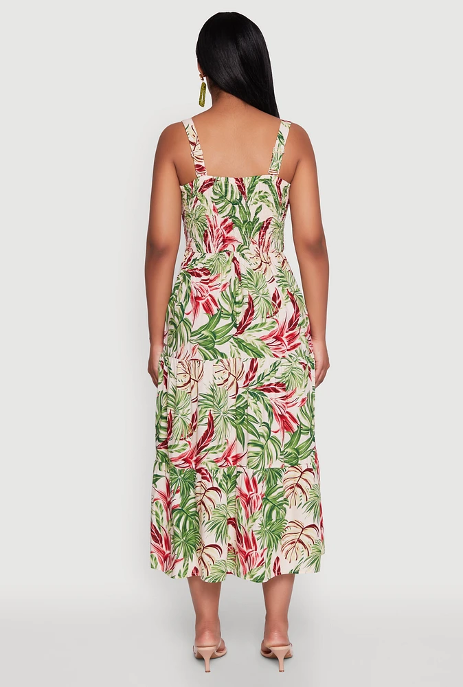 Womens Tropical Leaf Print Empire Waist Sundress, Multi, Size M