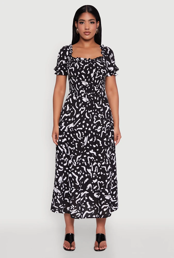 Womens Patterned Smocked Maxi Peasant Dress, Black, Size M