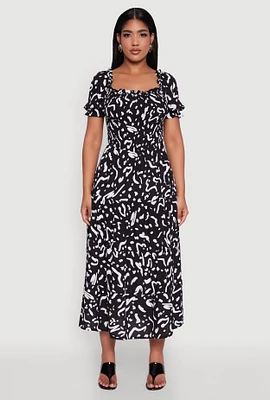 Womens Patterned Smocked Maxi Peasant Dress, Black, Size M