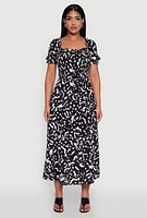 Womens Patterned Smocked Maxi Peasant Dress, Black, Size M