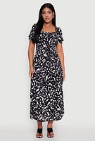 Womens Patterned Smocked Maxi Peasant Dress, Black, Size M